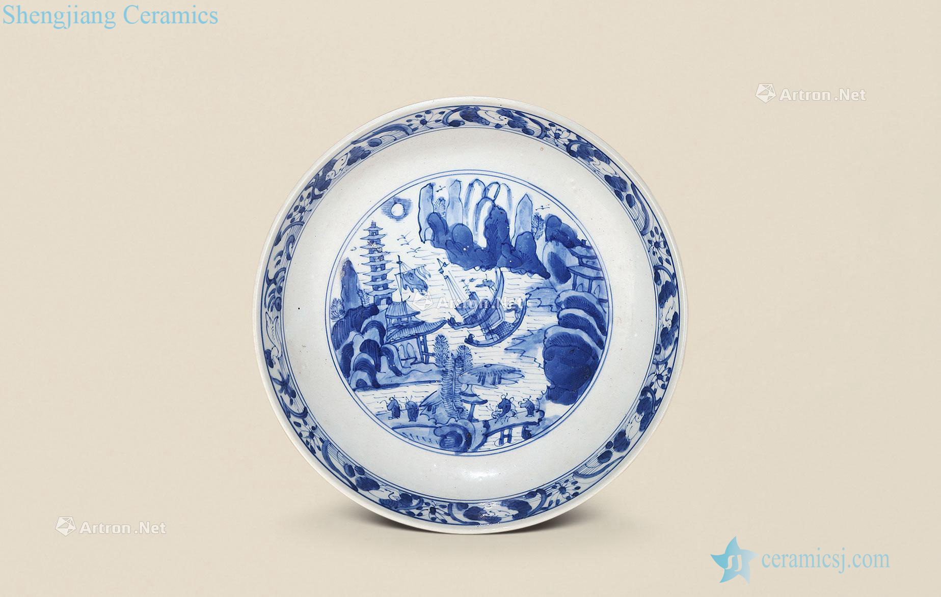 In the late Ming Blue and white landscape tray