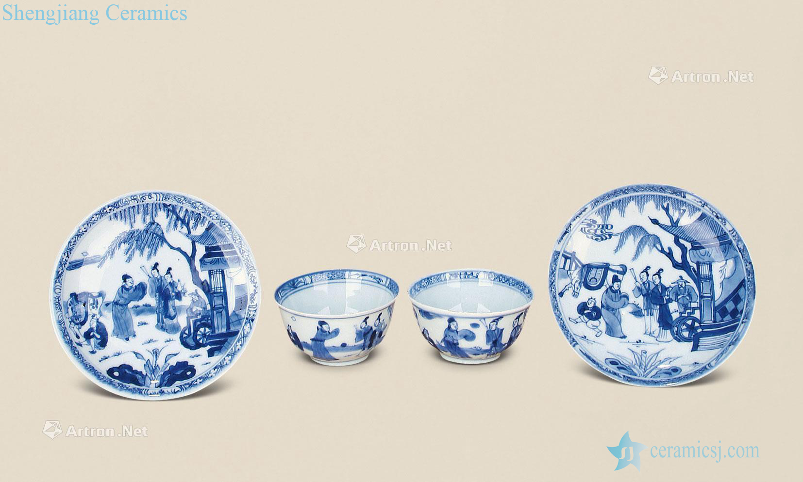 Qing yongzheng blue-and-white west chamber cups and saucers (2 sets)