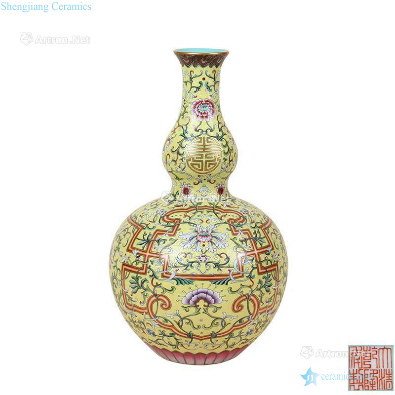 Qing qianlong rolling way to the yellow color the icing on the cake Wan Shouyan figure long neck bottle gourd