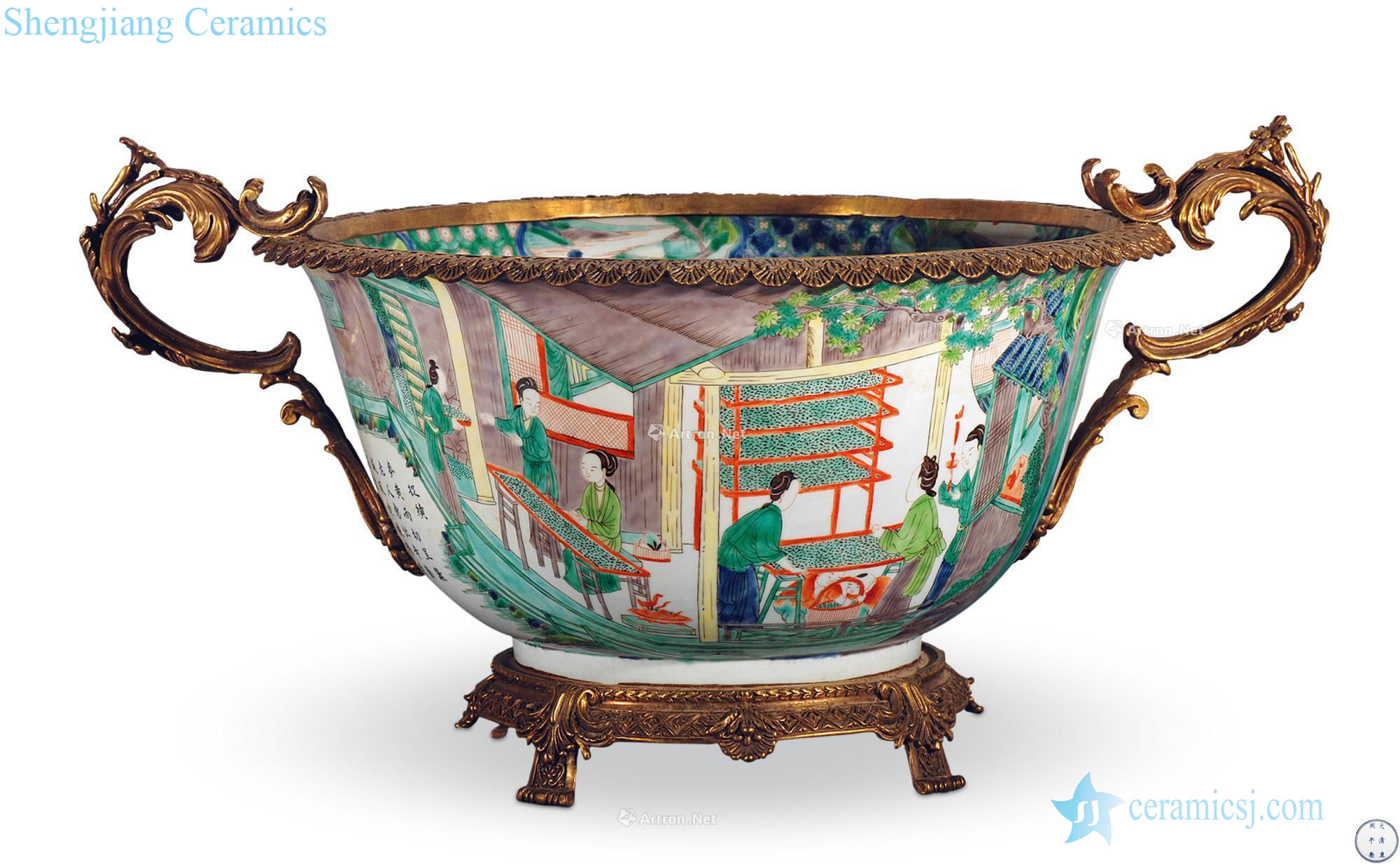 qing Blue and white large bowl colorful characters