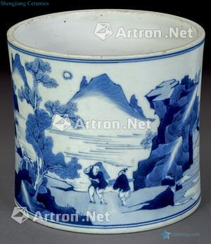 The qing emperor kangxi Blue and white landscape character brush pot