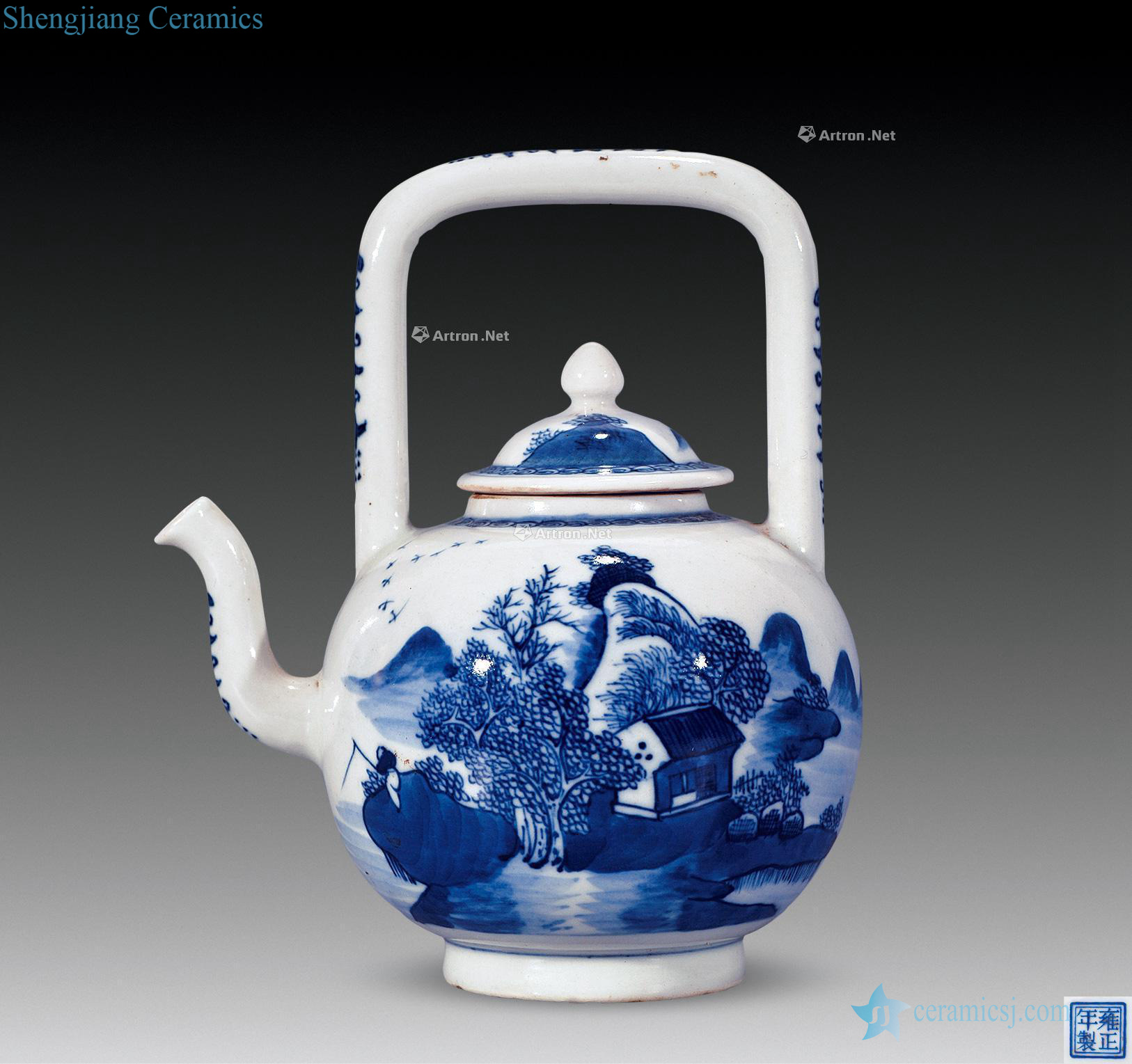 Blue and white landscape qing yongzheng girder pot