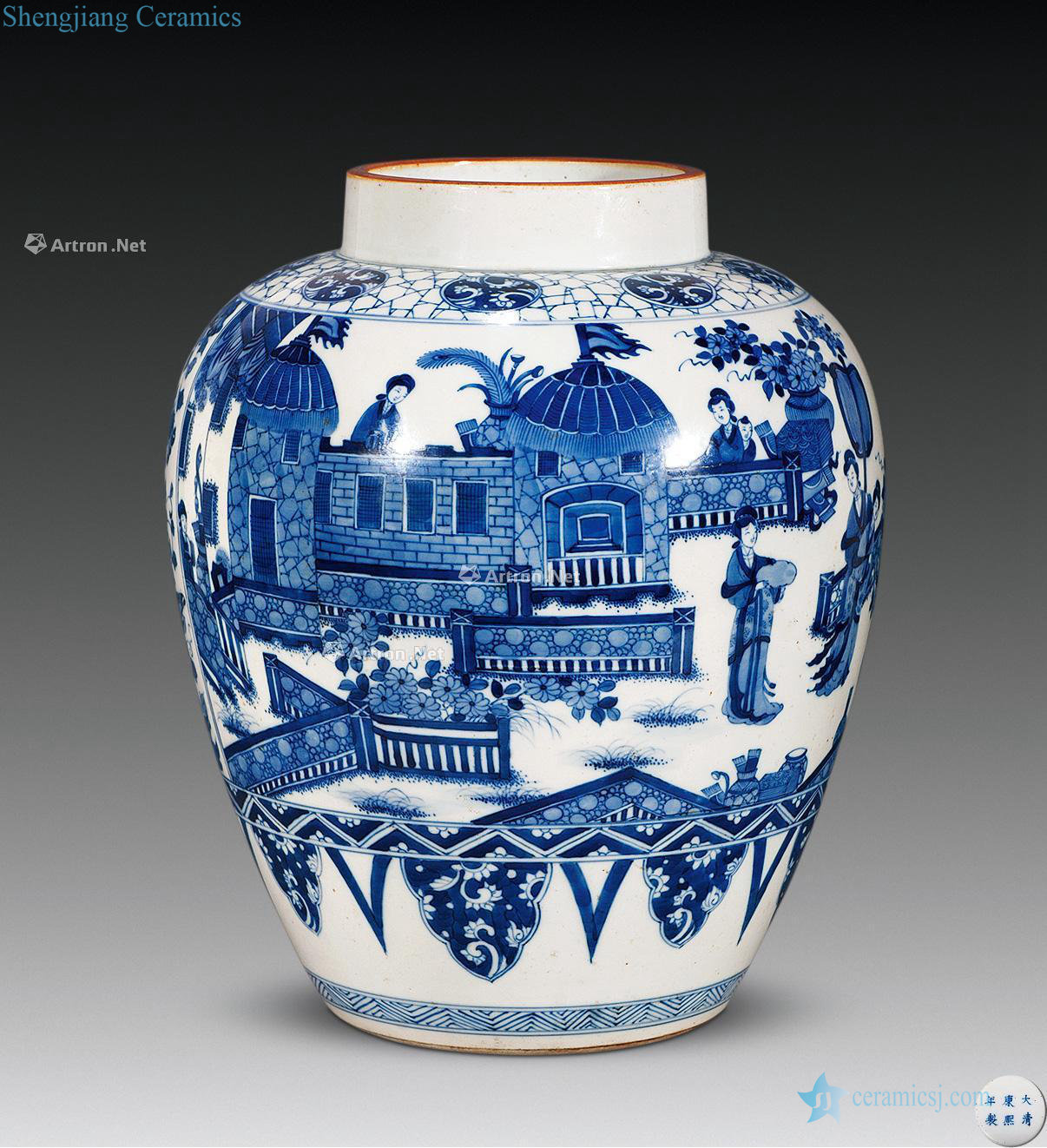 Mid qing Blue and white courtyard ladies cans