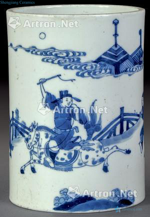 qing Blue and white landscape character brush pot