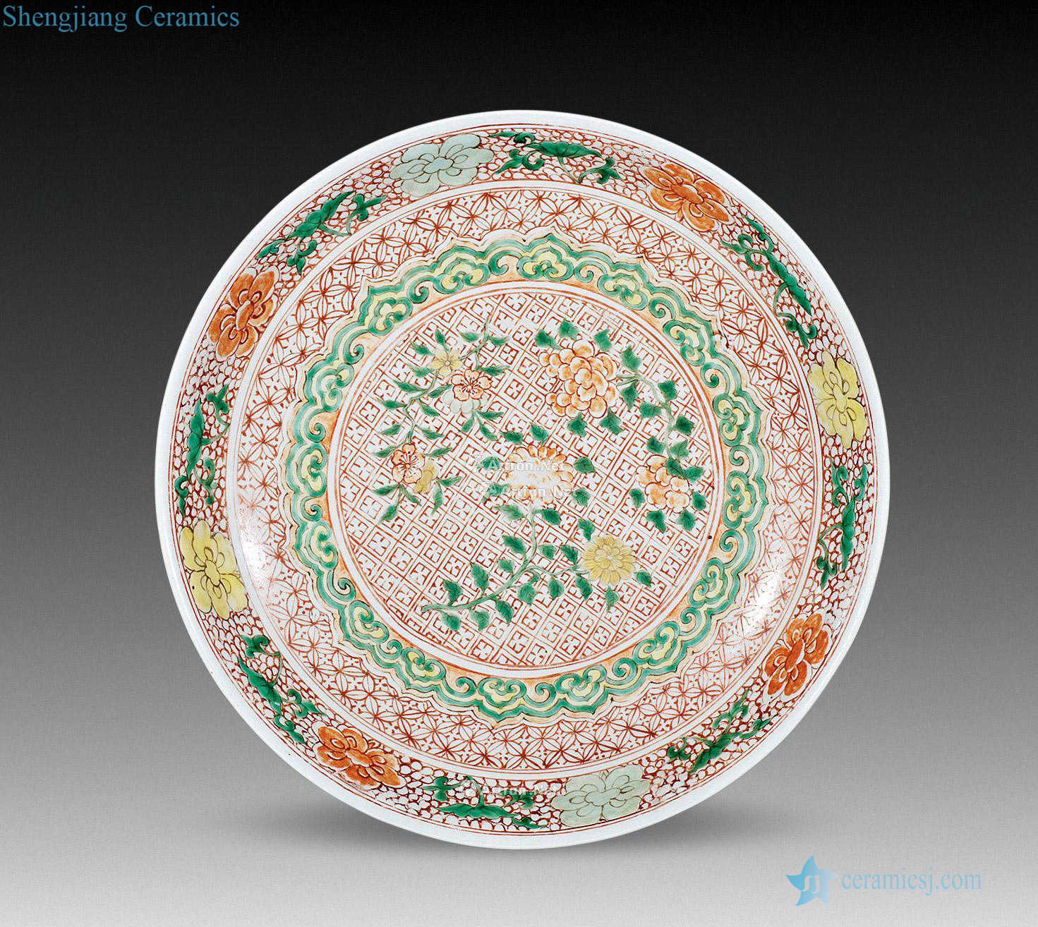 The qing emperor kangxi alum red colorful brocade flower disc