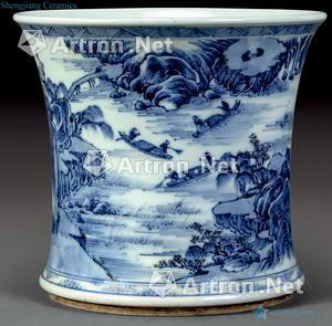 Qing dynasty blue-and-white youligong landscape poetry brush pot