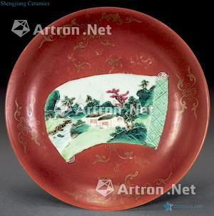 Clear the famille rose red colour medallion landscape tray