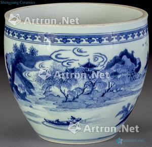 Early qing dynasty blue and white landscape character cylinder