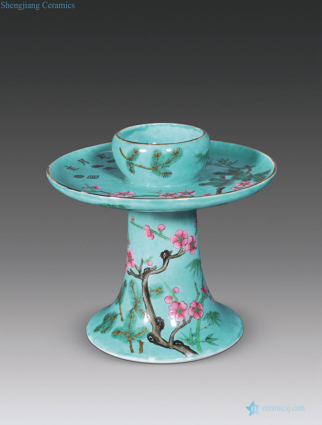 Mid qing A hoard of green pastel plum blossom poems candlestick