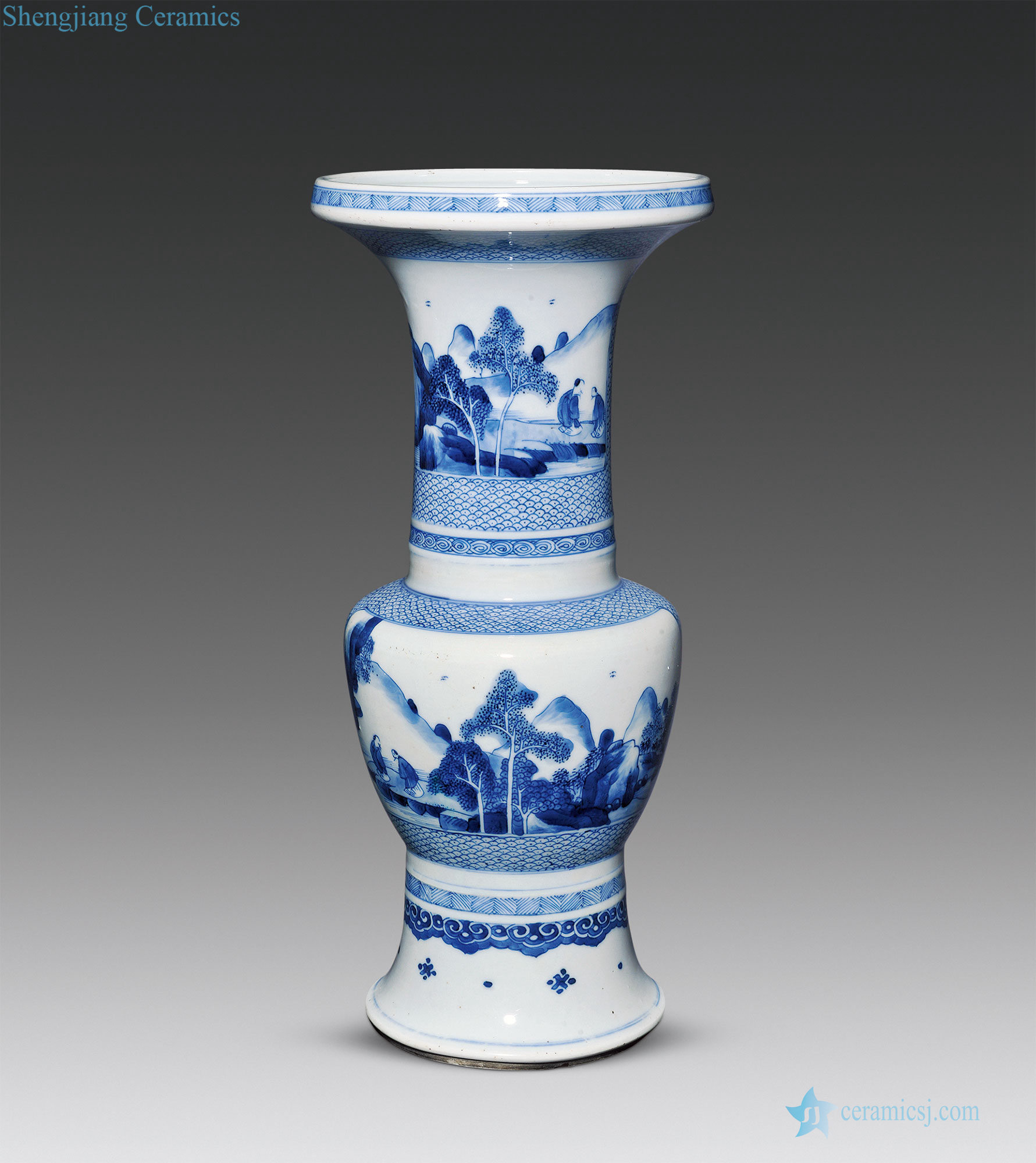 Qing yongzheng medallion landscape character lines flower vase with blue and white brocade