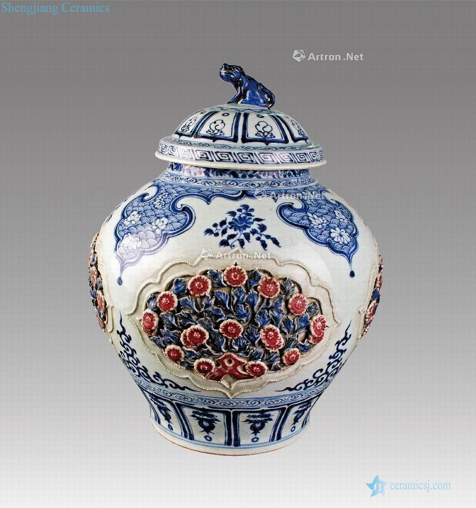 The yuan dynasty Blue and white youligong plastic coated with medallion grain lion new cover pot flowers