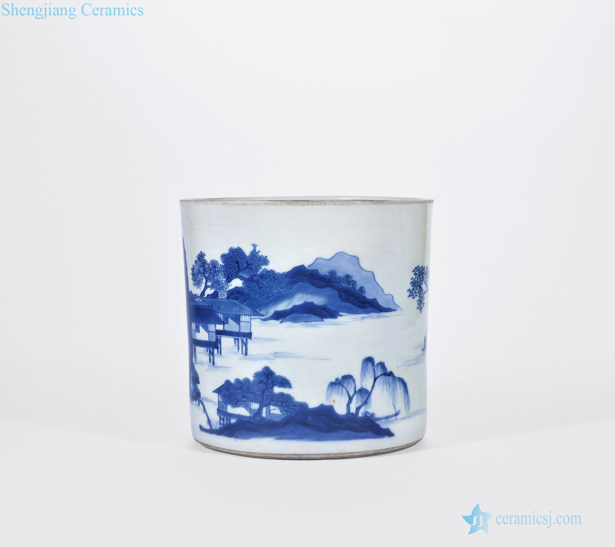 Ming chongzhen Blue and white landscape pattern brush pot