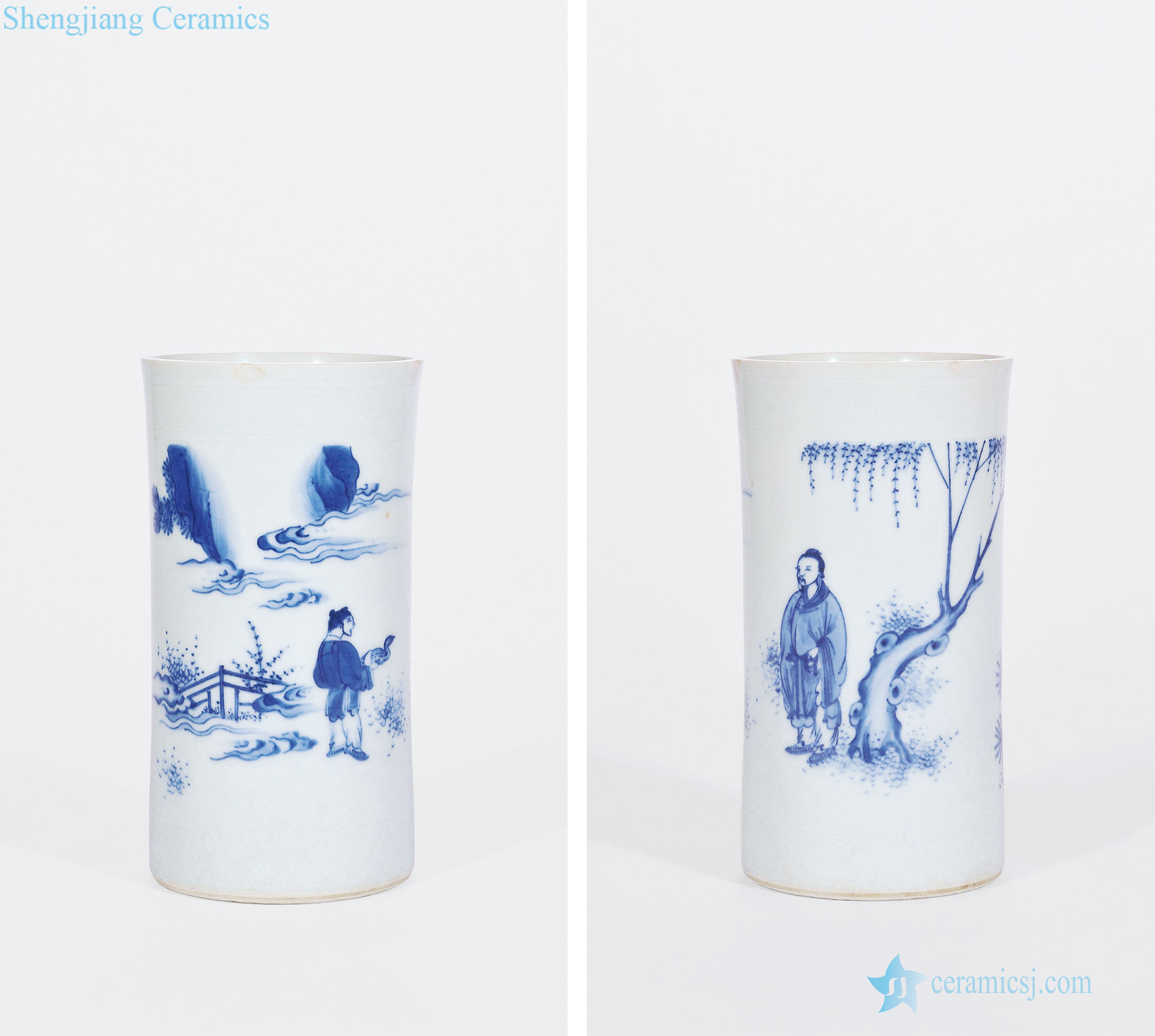 Ming chongzhen Blue and white xihe love goose figure pen container
