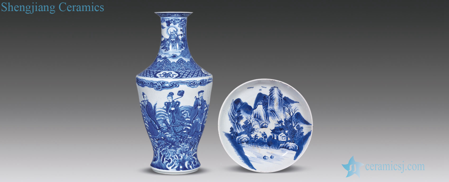 qing Blue and white figure bottles of the eight immortals, landscape character grain market each one