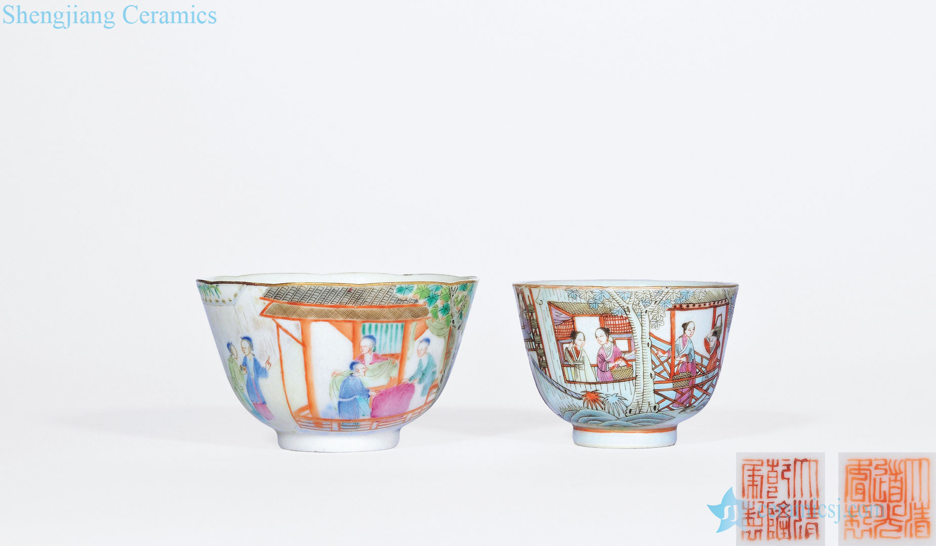 Mid qing pastel tillage and weaving poetry cup (two)