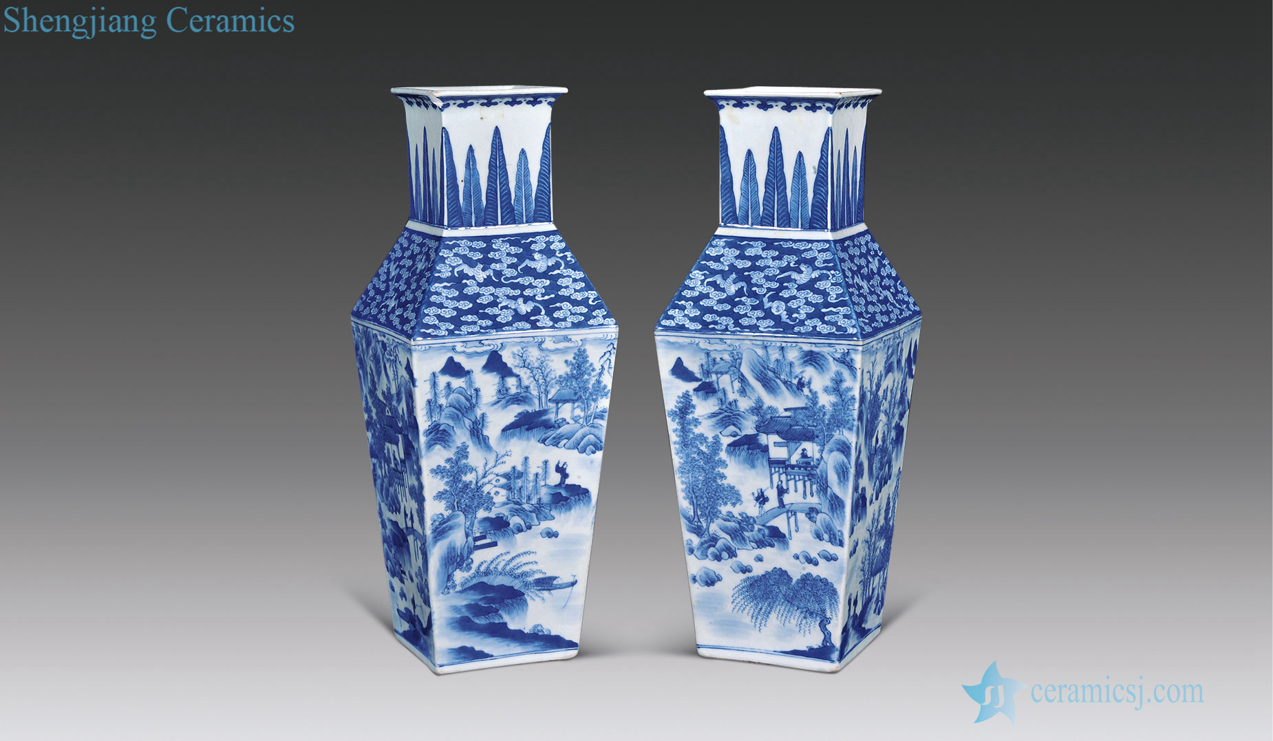 In late qing dynasty Blue and white landscape character grain square bottle (a)