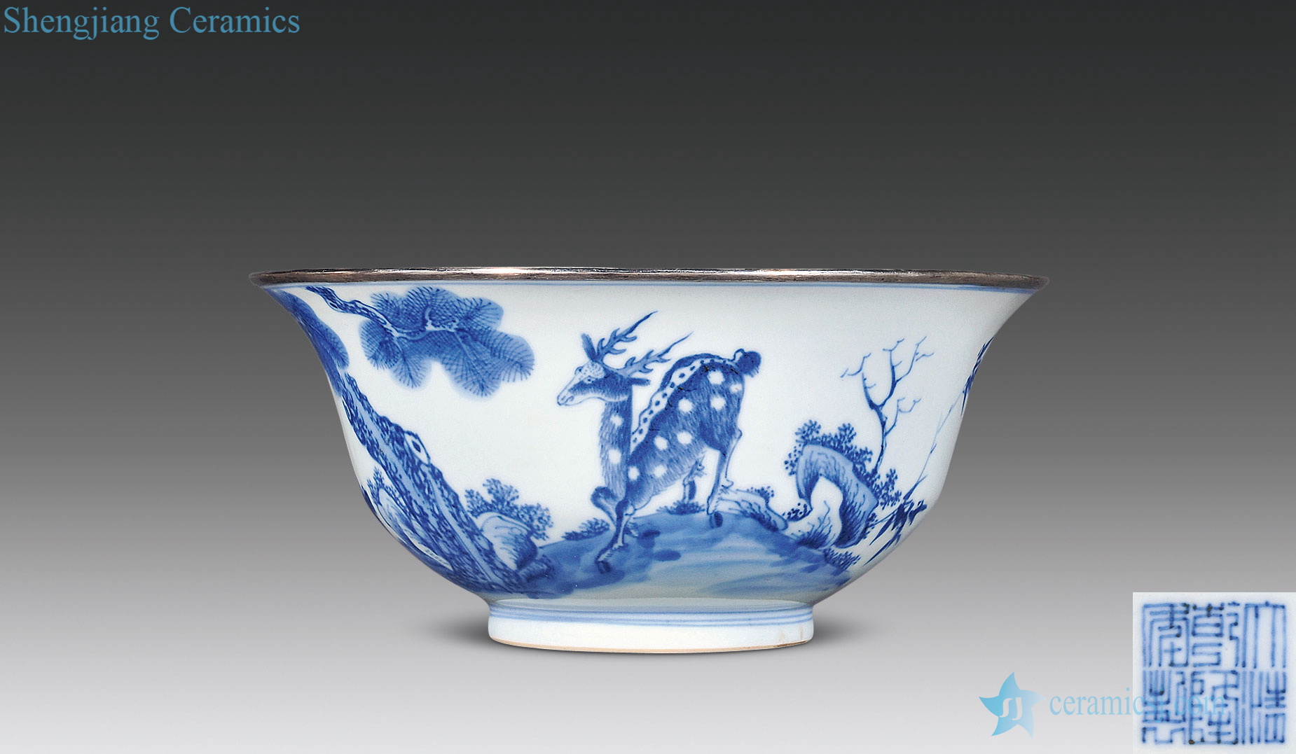 Qing qianlong Blue and white pine LuYanNian figure large bowl