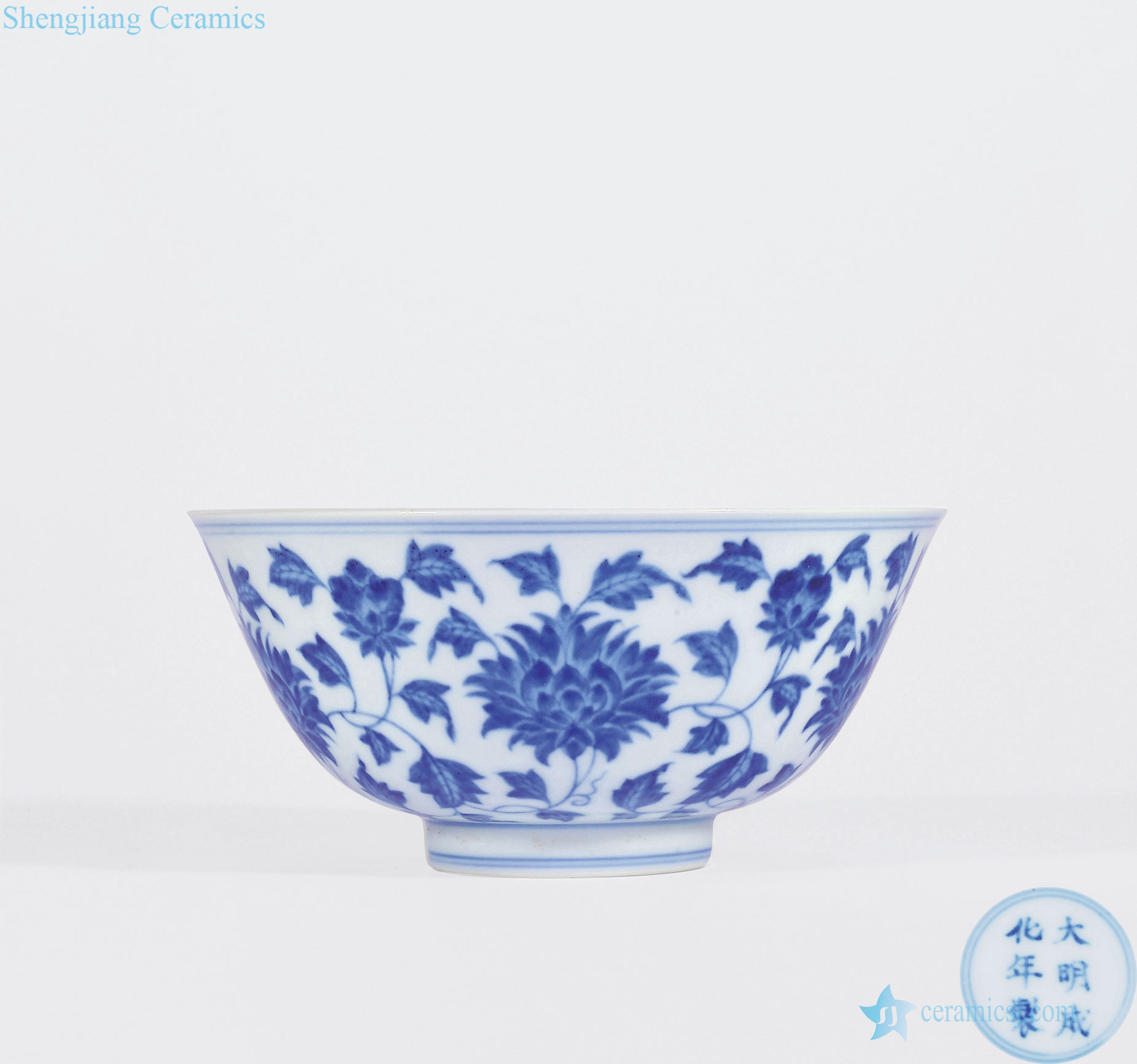 Qing imitation doucai branch lotus green-splashed bowls