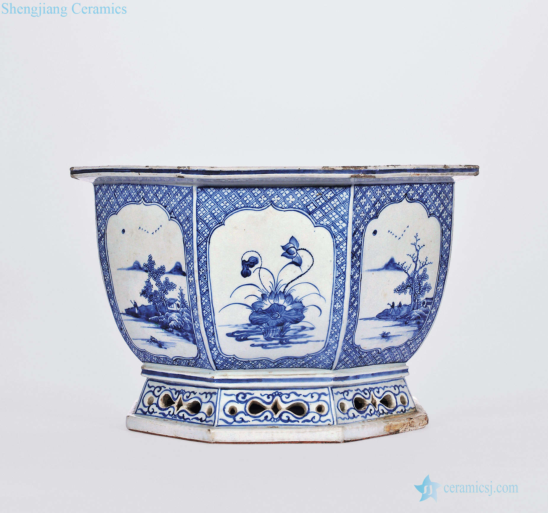 Qing qianlong in blue and white brocade medallion scenery character flower-and-bird grain sides flowerpot