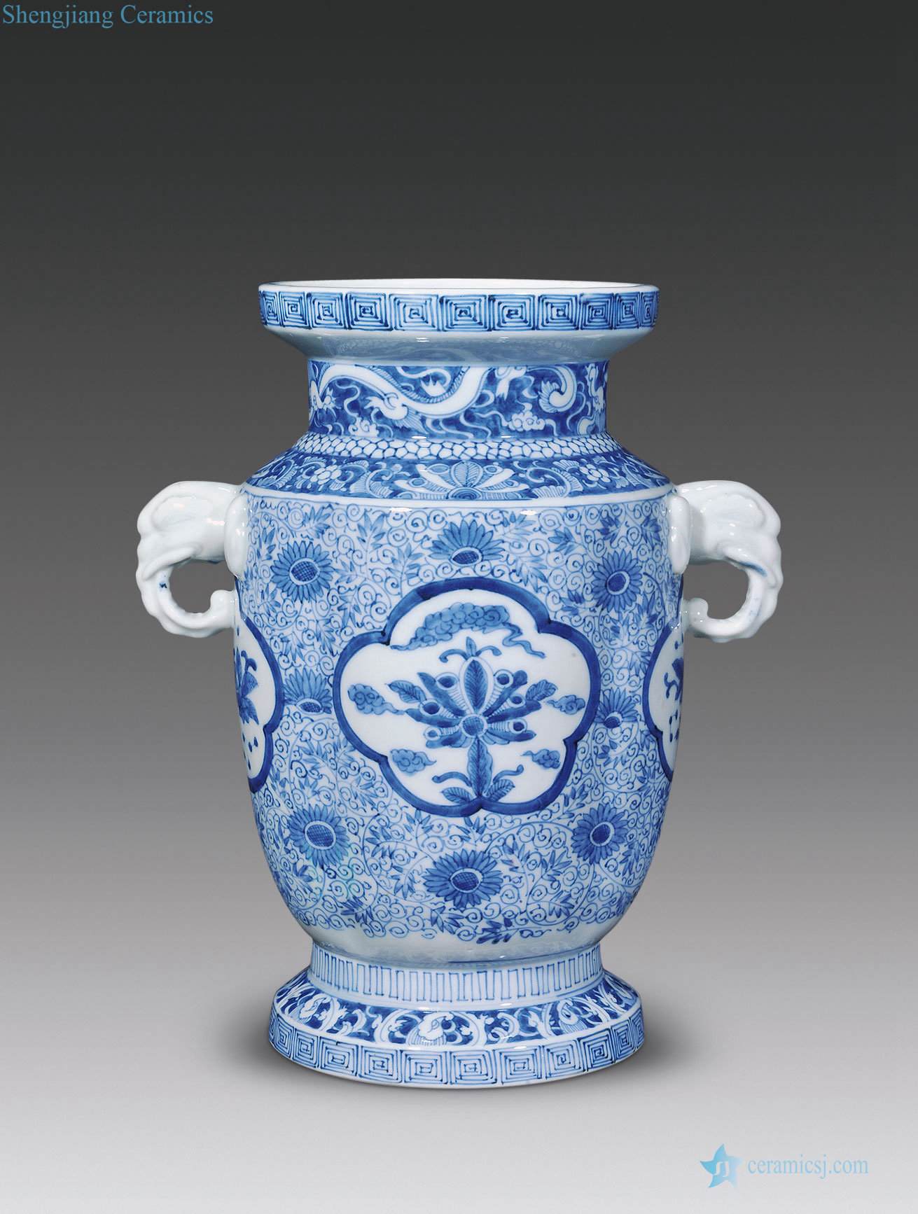 The qing emperor kangxi Blue and white tie up lotus flower vase with a medallion grain haitang flowers image
