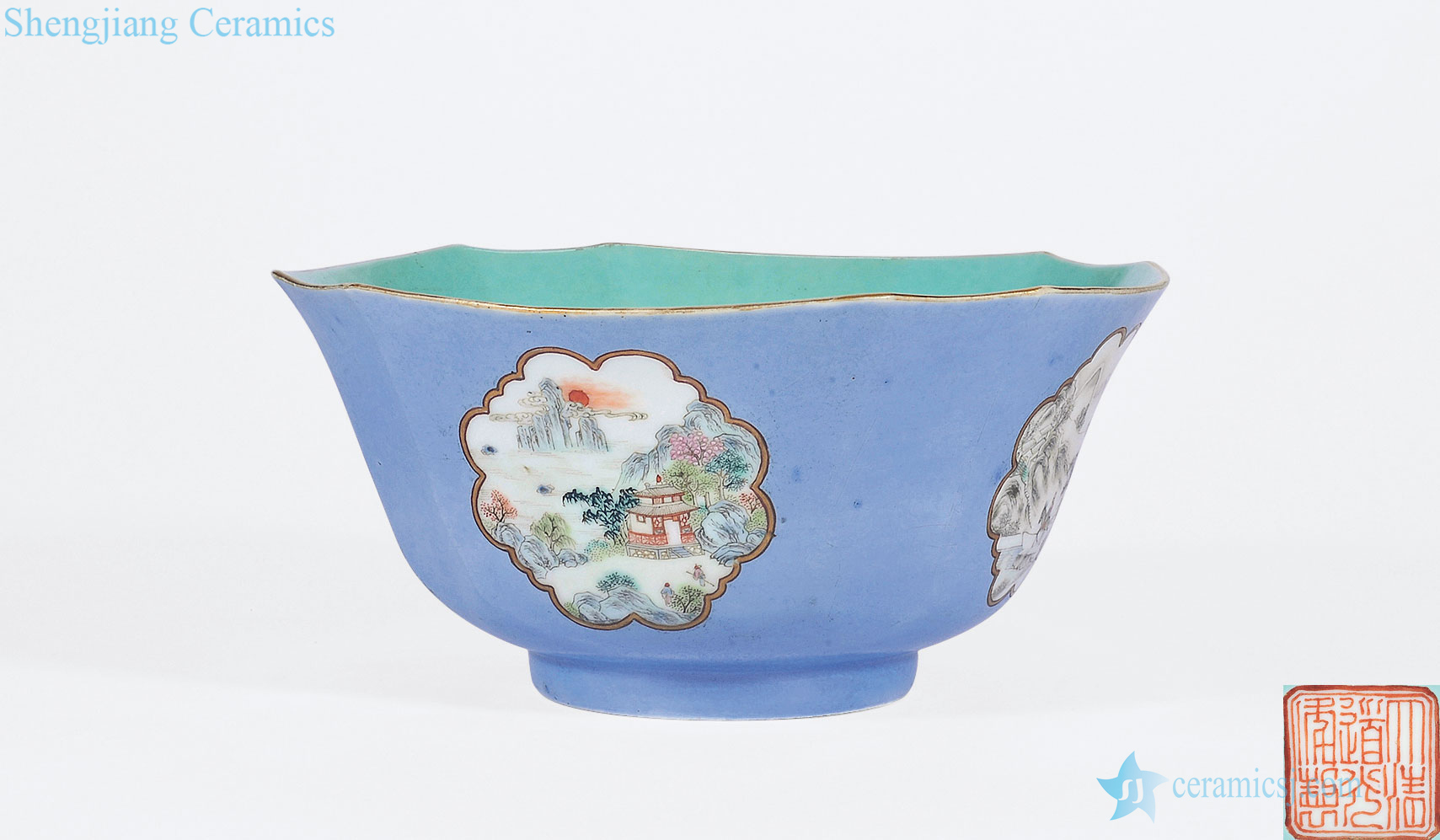In late qing dynasty Rouge medallion in pastel landscape character grain square horn bowl