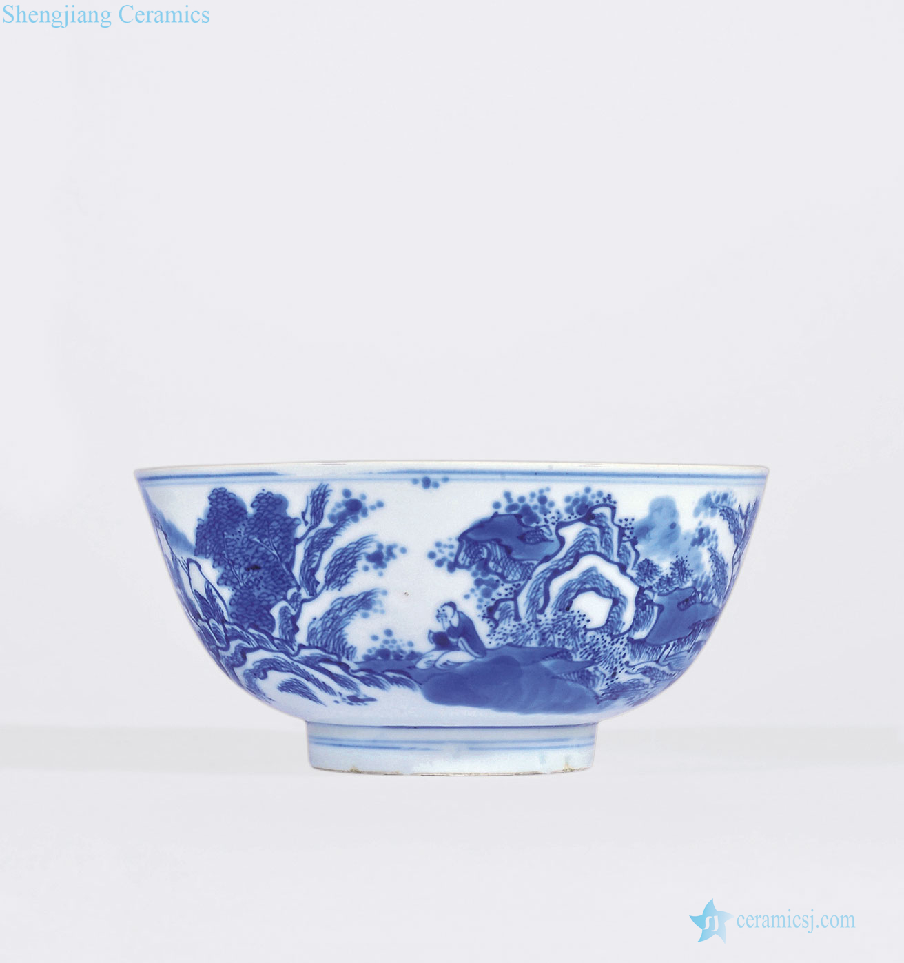 Qing yongzheng Blue and white landscape character green-splashed bowls