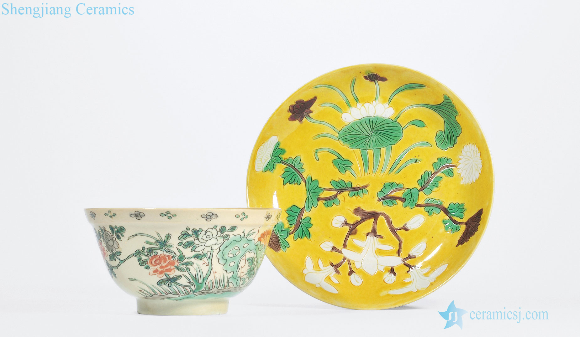 The qing emperor kangxi cream-colored, colorful flower bowl, yellow flowers to plain tricolour lines plate of each one