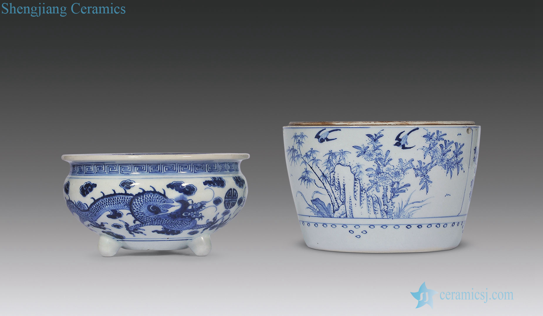 Qing yongzheng medallion flower-and-bird grain porridge canister, blue and white dragon furnace life of words each one