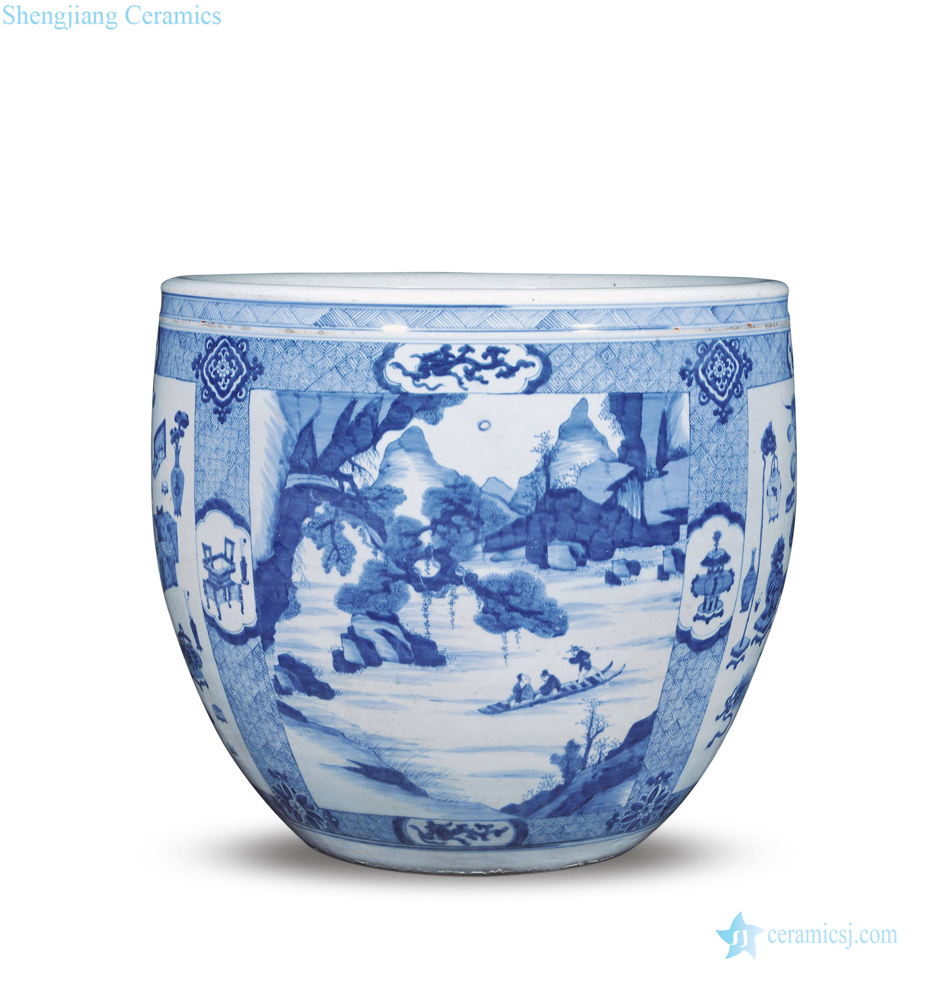Blue and white brocade to medallion landscape characters of the reign of emperor kangxi antique figure cylinder