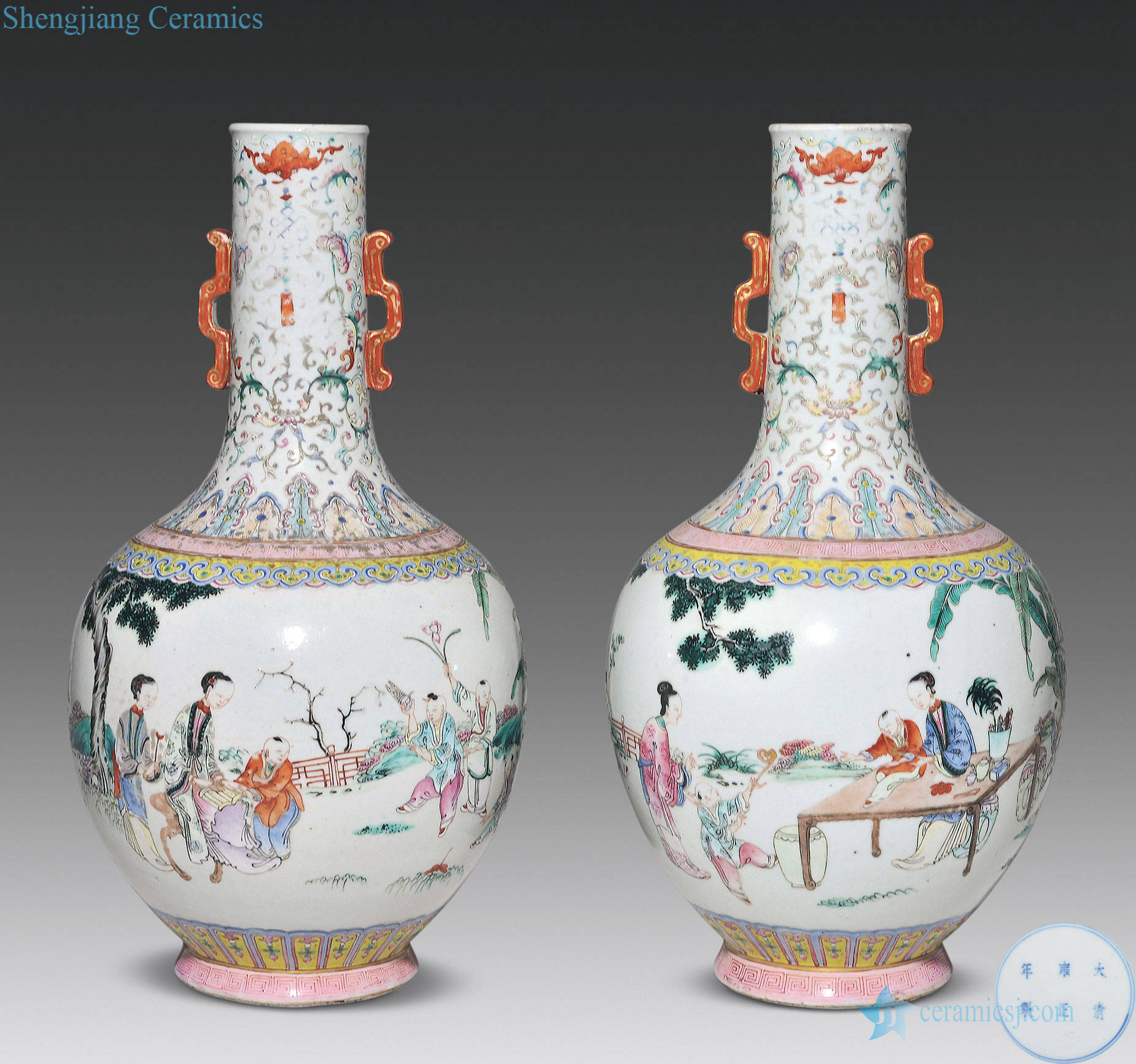 Late qing pastel lady baby play vase with a good (a)