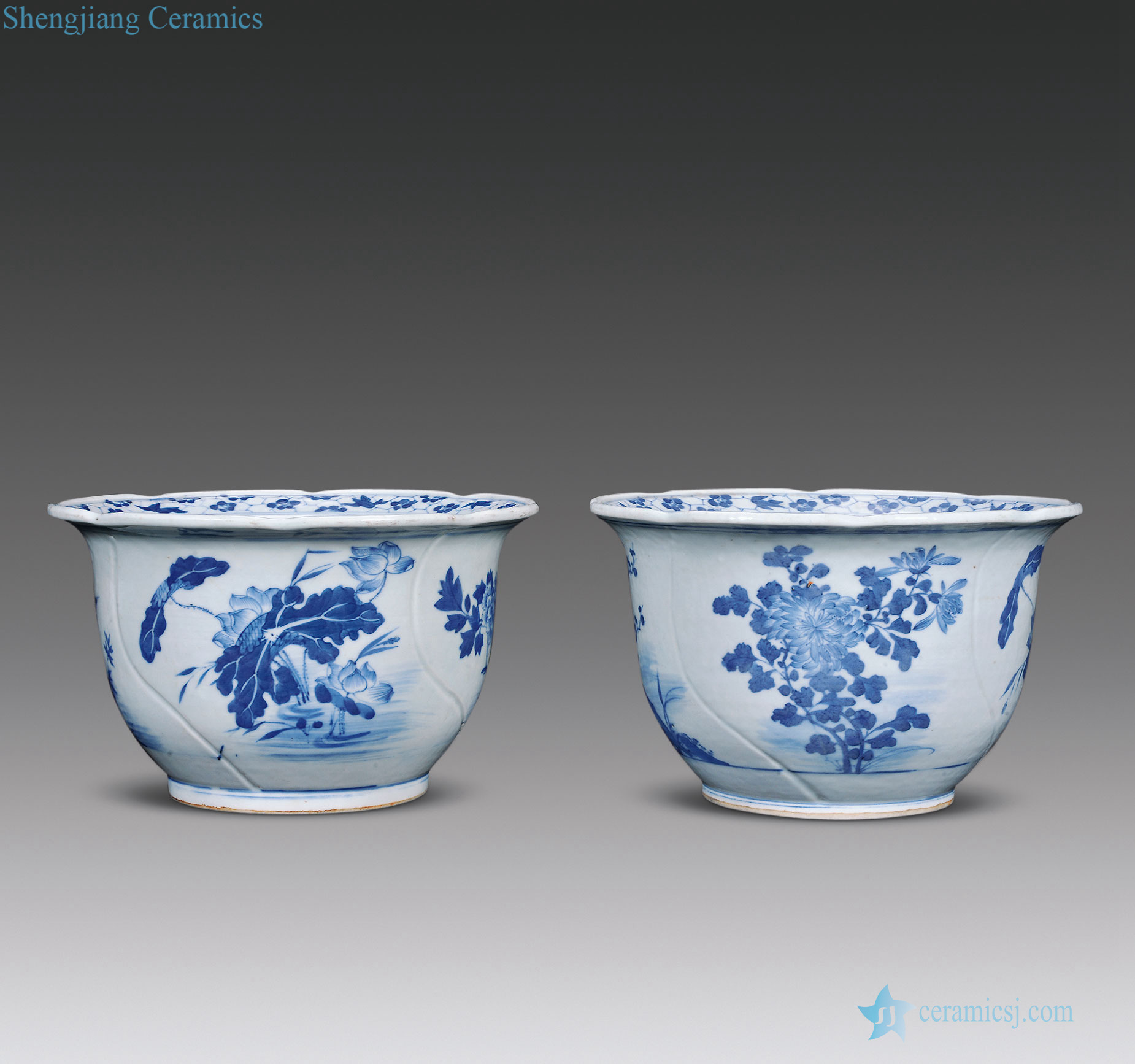 Mid qing Blue and white flower grain flower pot mouth (a)