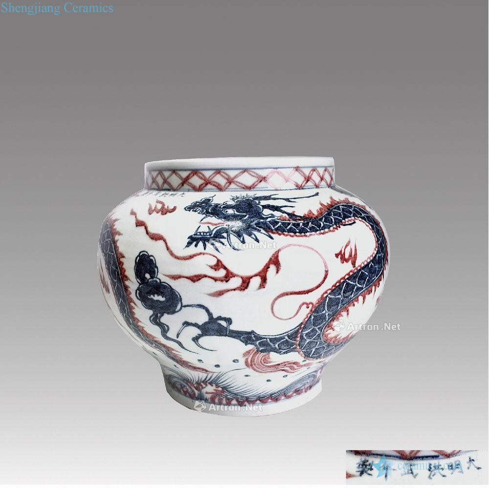 Ming Blue and white youligong red dragon grain big pot