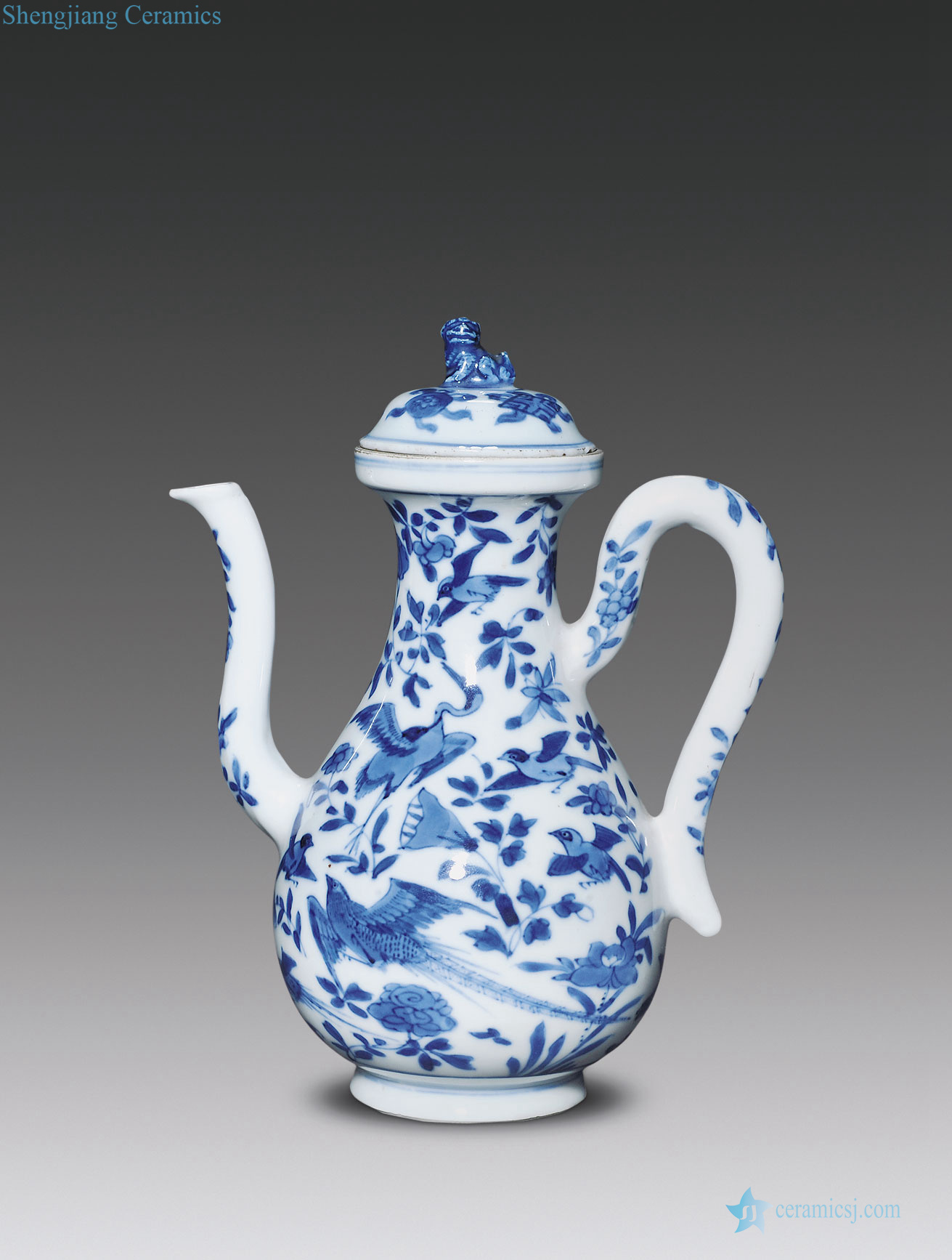 The qing emperor kangxi Blue and white figure small ewer birds pay homage to the king