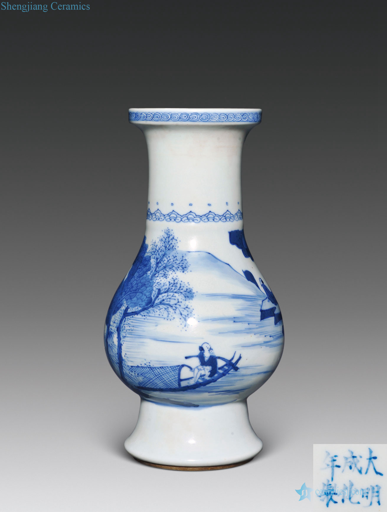 qing Blue and white landscape character lines pipa statue