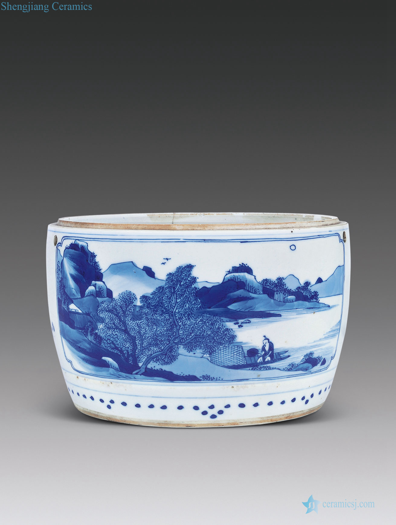 The qing emperor kangxi Blue and white grain porridge pot medallion landscape characters