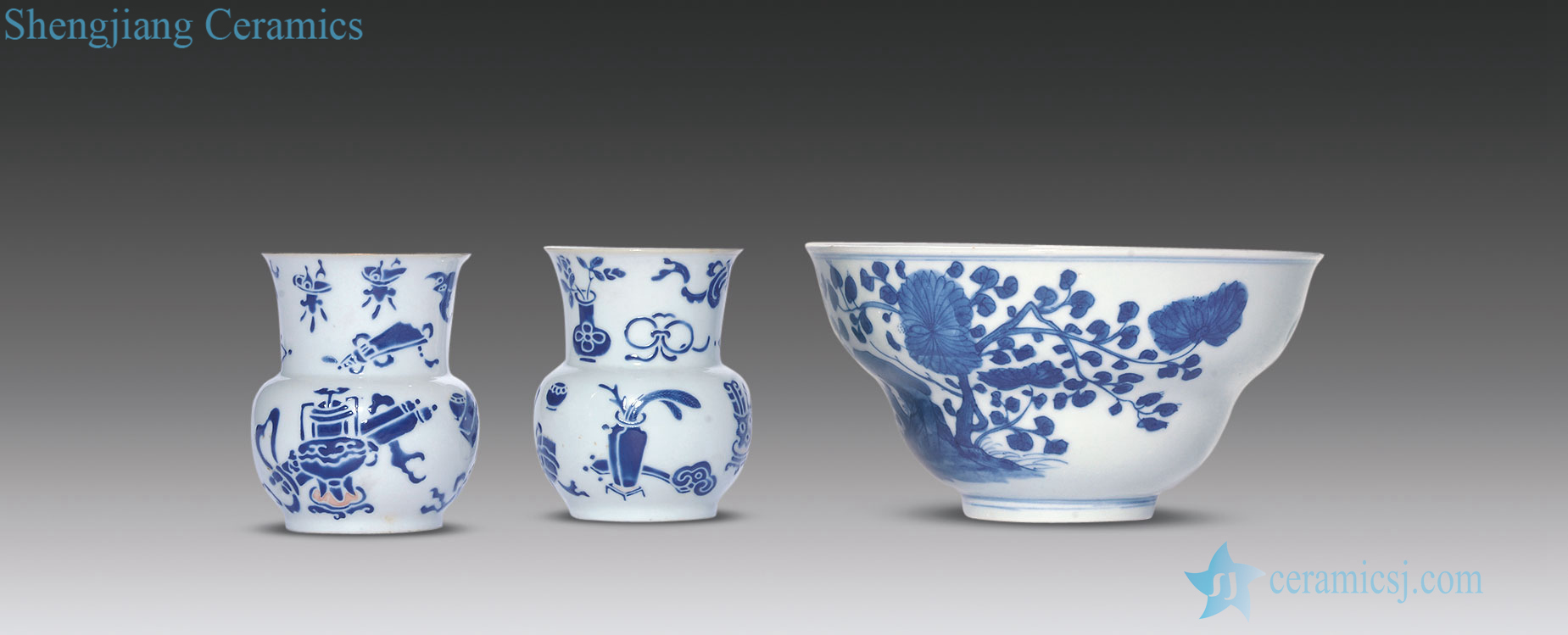 Clear blue material colour rich ancient figure slag bucket, blue and white flowers and birds or bowl (three)