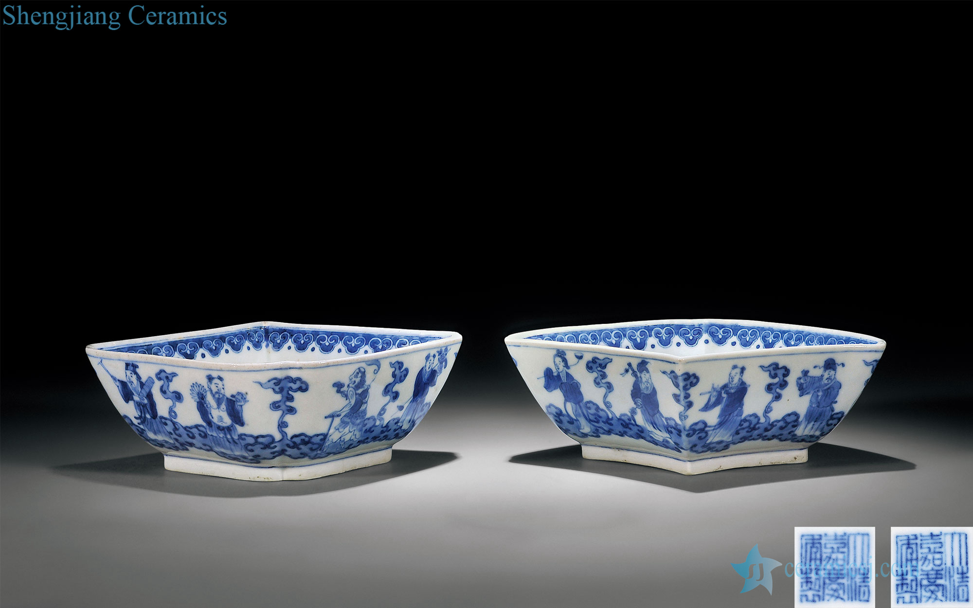 Qing jiaqing Celebrates the life of the eight immortals blue figure flower mouth bowl (a)