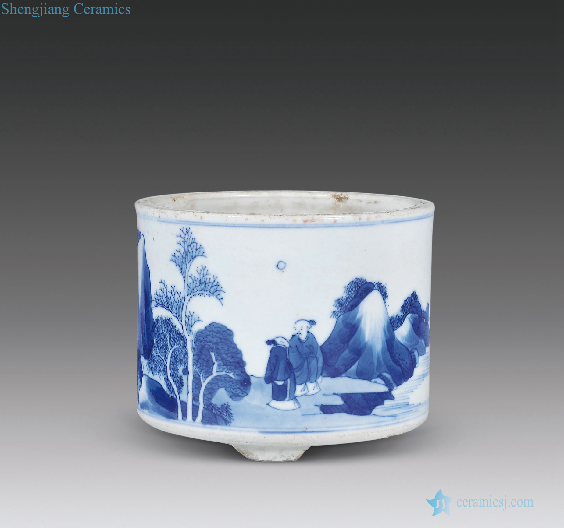 The qing emperor kangxi Blue and white landscape character lines cylindrical furnace