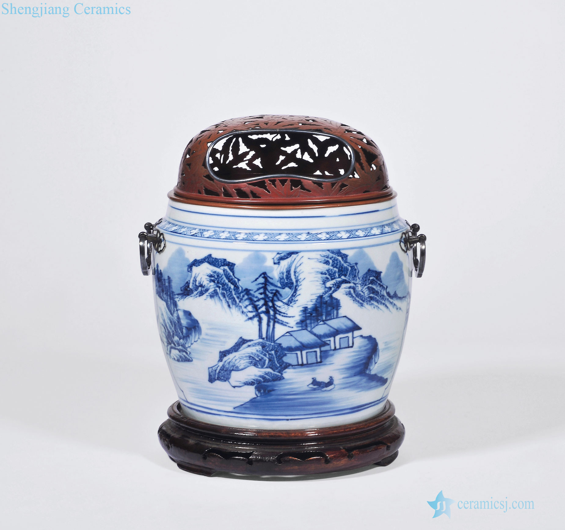 Qing yongzheng Blue and white bamboo grain landscape landscape character medallion grain porridge pot