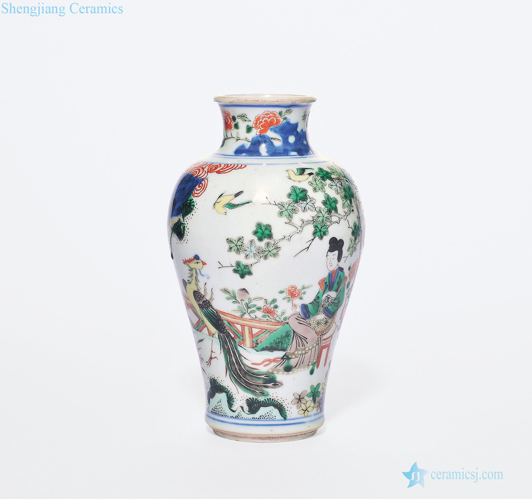 Qing shunzhi Blue and white color phoenix had plum bottle