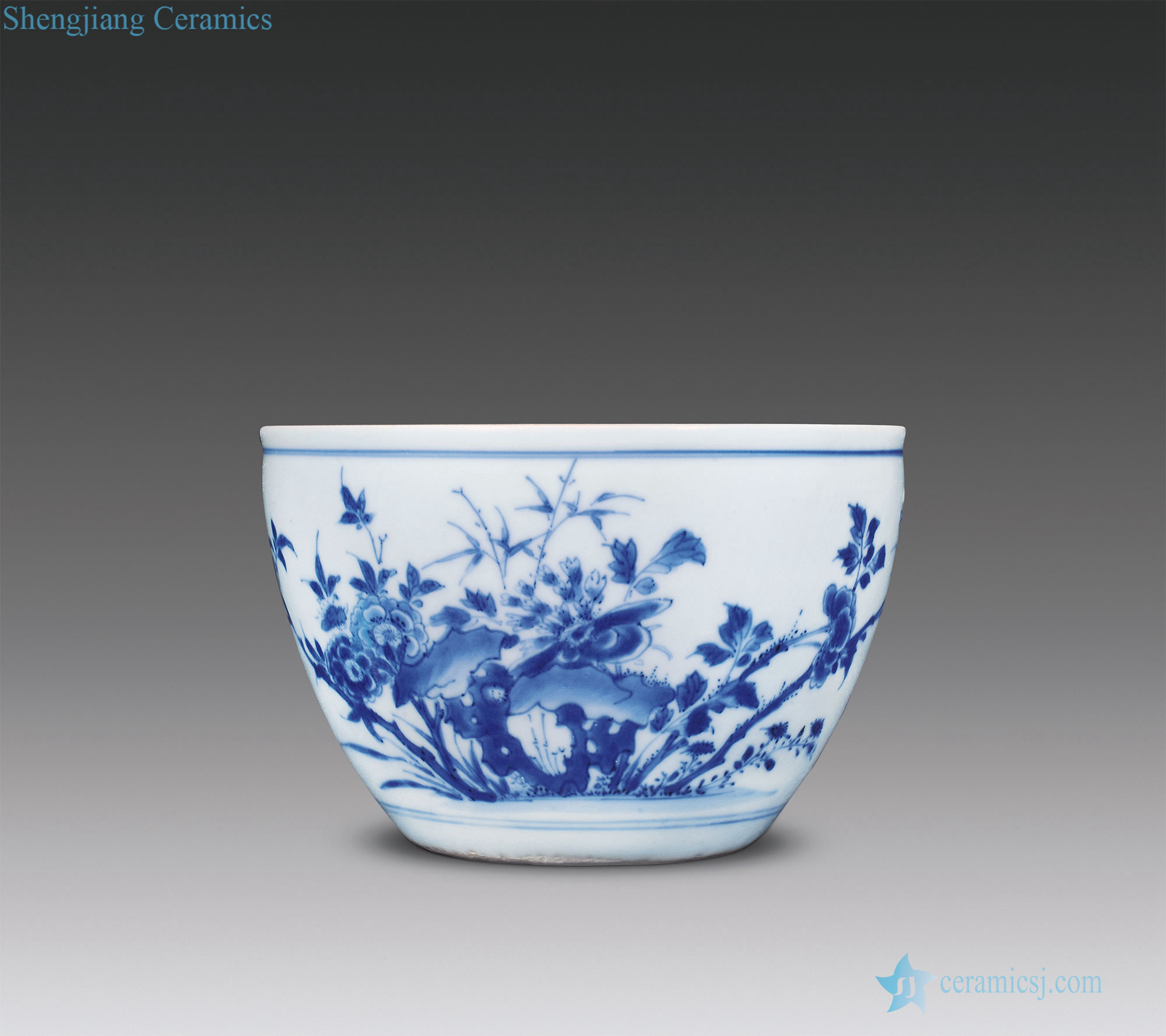 Ming chongzhen Blue and white peony ChunYan figure small cylinder