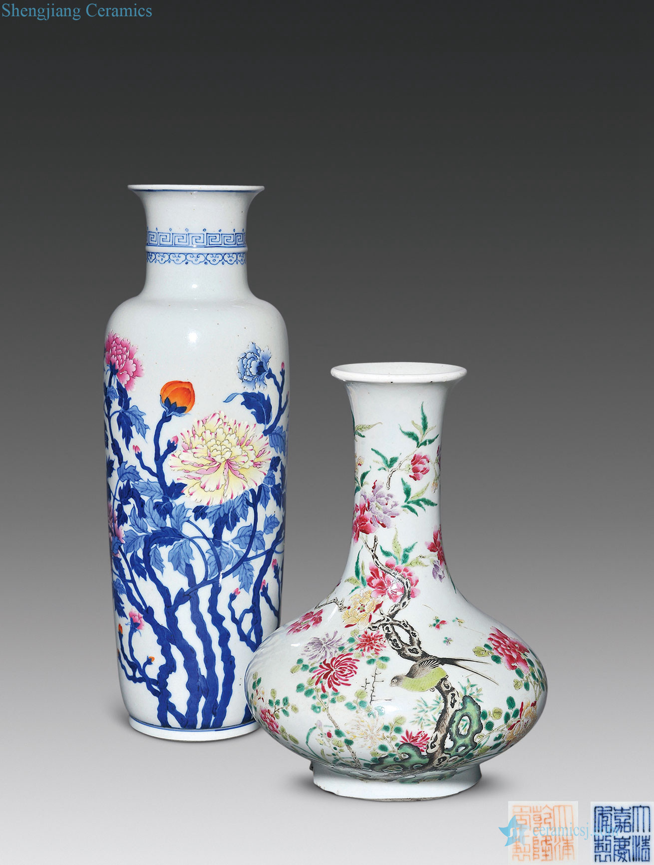 The late qing dynasty powder enamel water chestnut bottles, porcelain enamel flowers lines cylinder bottles of each one
