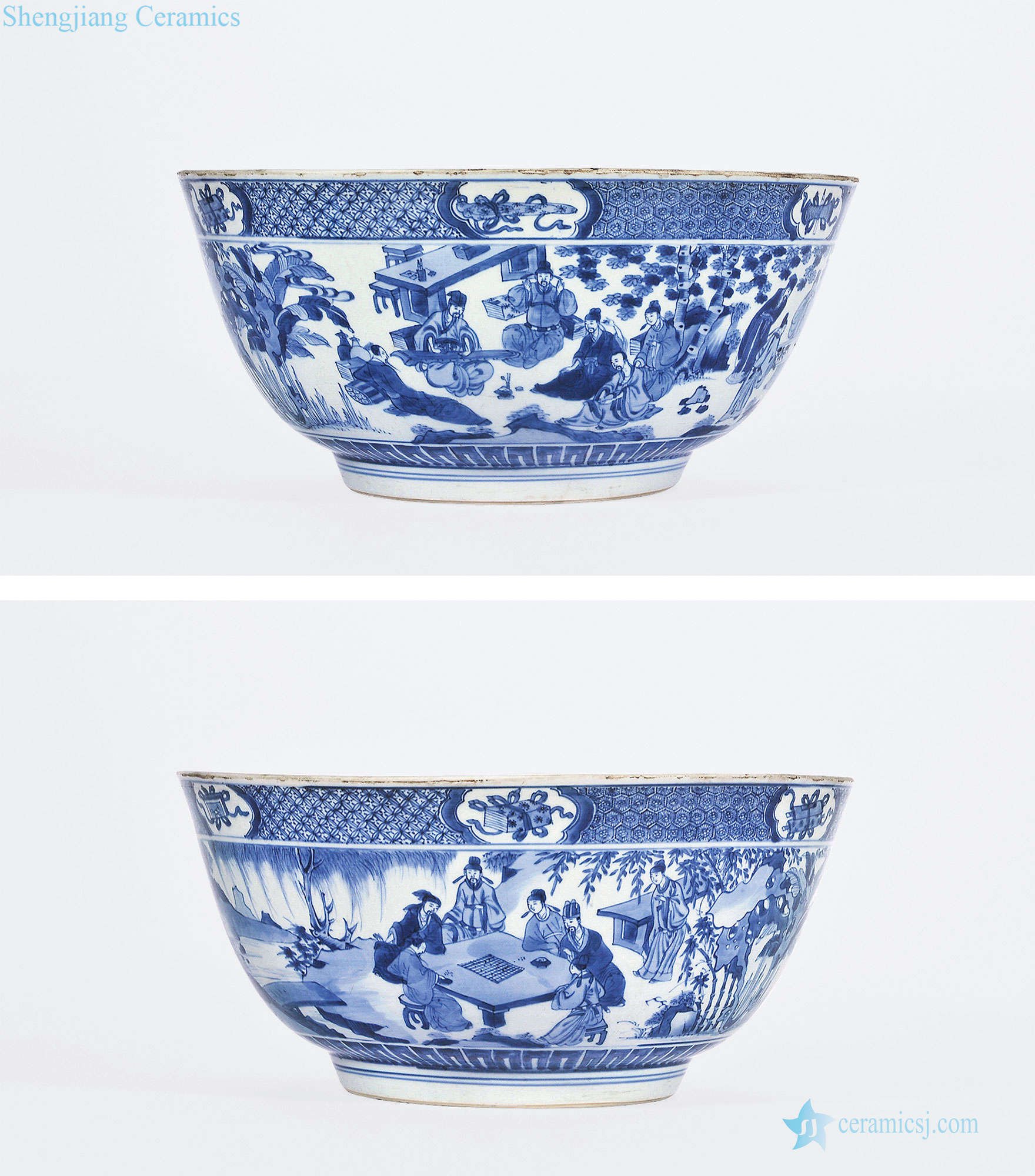 The qing emperor kangxi Blue and white bachelor's figure 18 large bowl