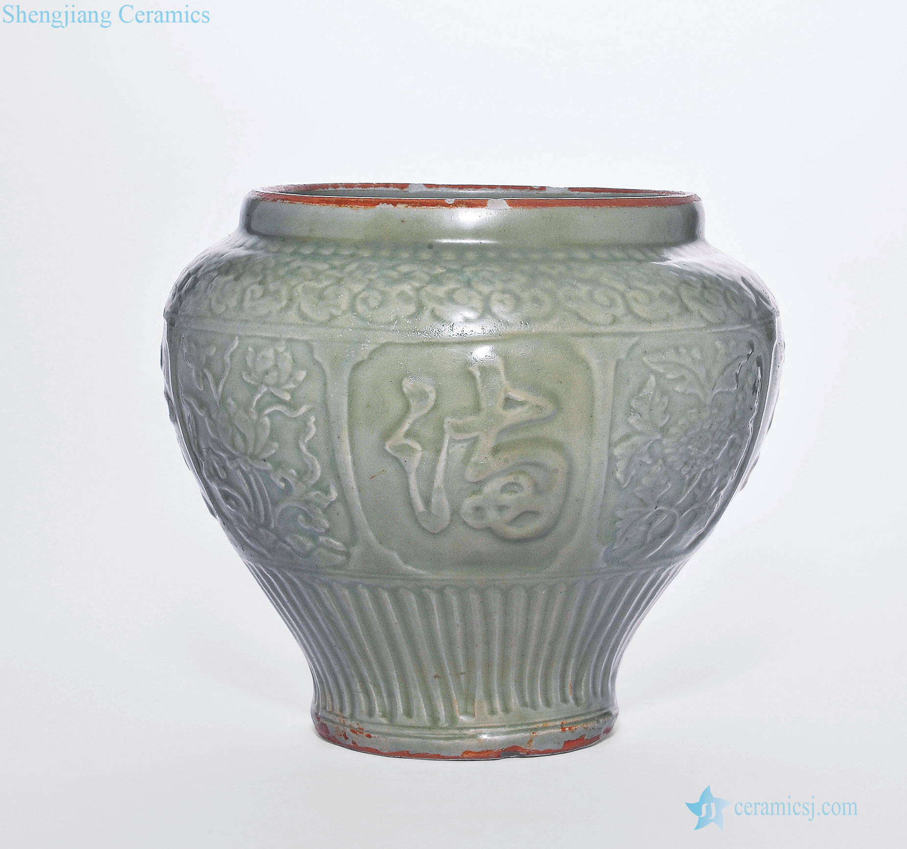 yuan Longquan celadon green glaze convex flowers and flower grain big cans