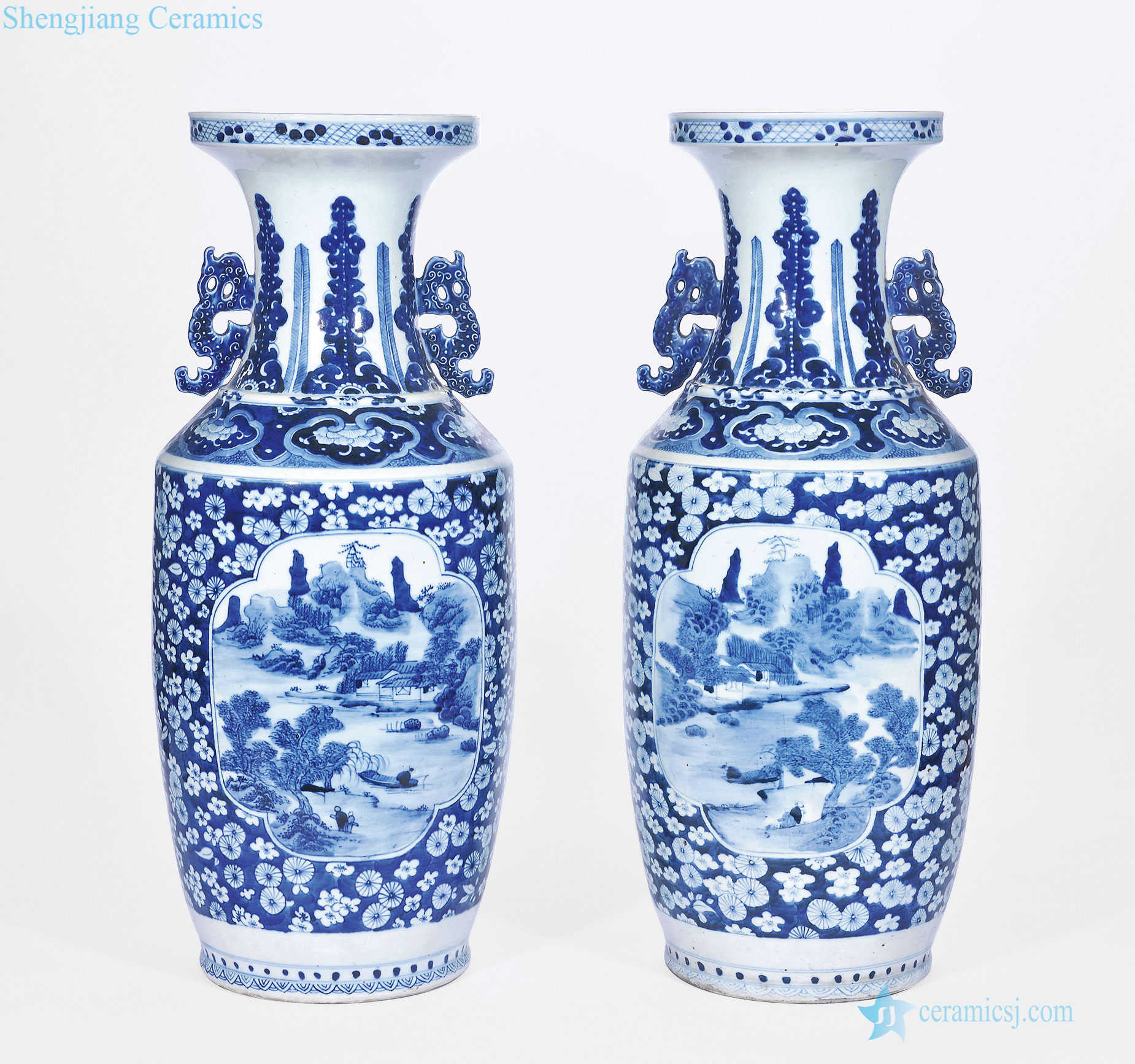 Mid qing Blue and white flower medallion landscape character lines therefore ear big bottle (a)