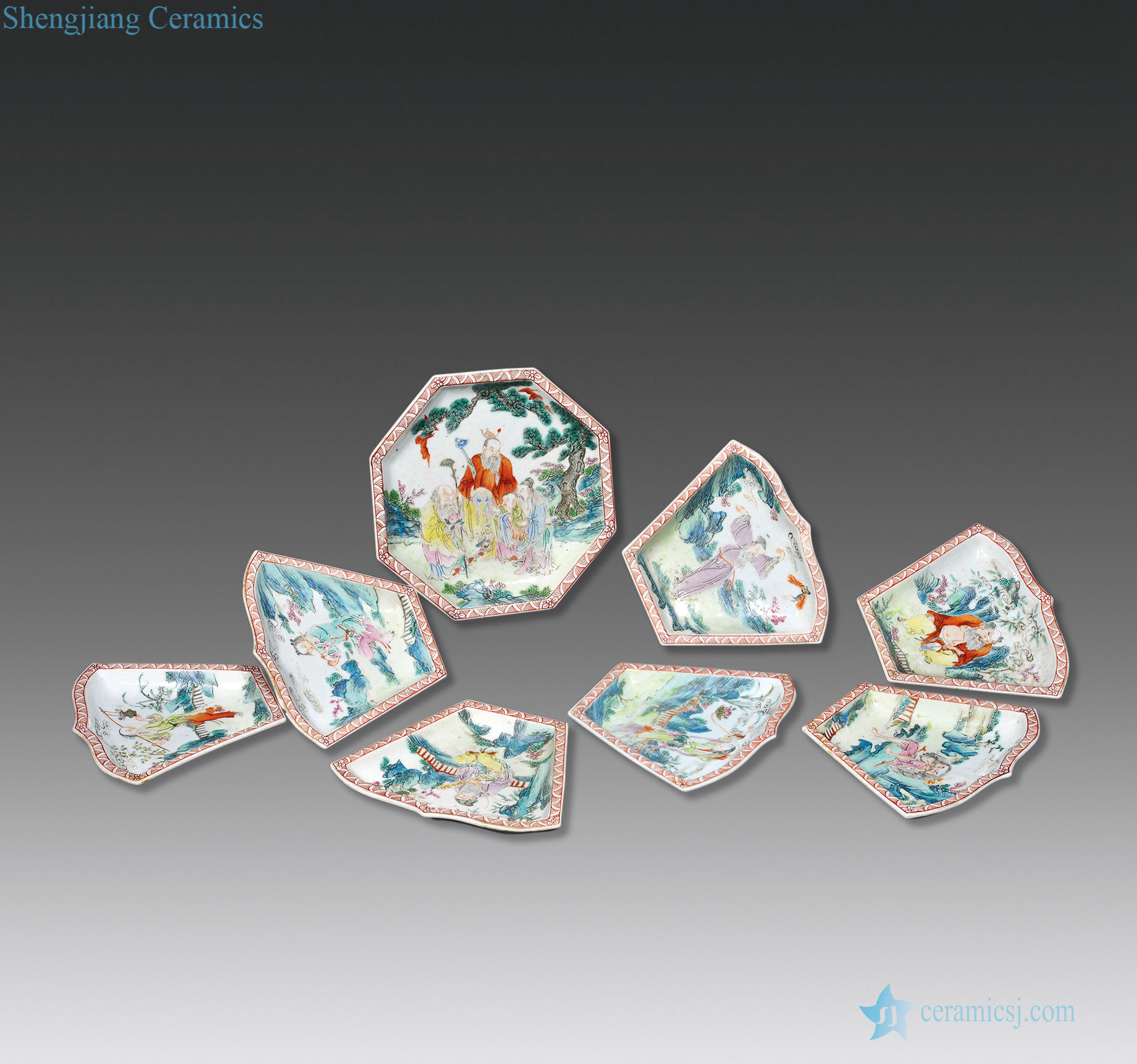 Qing qianlong pastel fairy figures tray (eight)