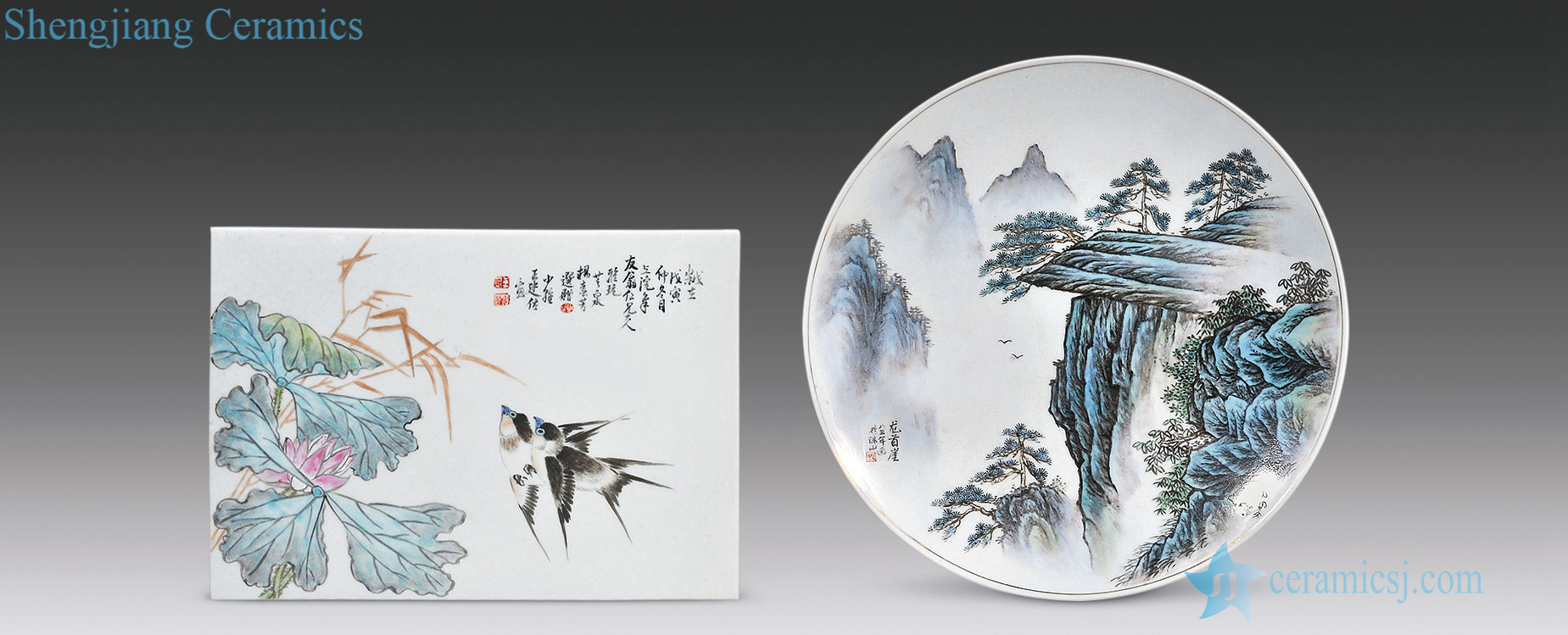 Pastel landscape tray, flowers and birds grain porcelain plate each one