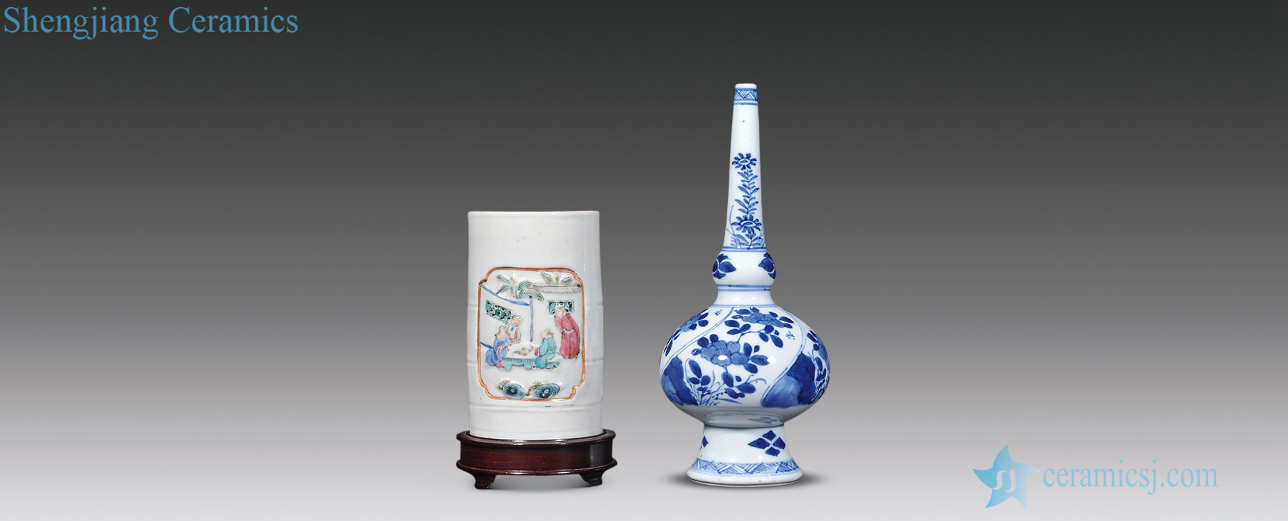 The qing emperor kangxi, stagnation Blue and white flowers vial, pastel carved porcelain medallion character lines small brush pot each one