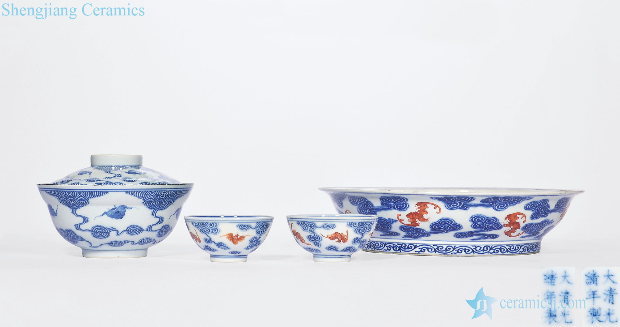 Blue and white, blue and white alum reign of qing emperor guangxu hongyun bats grain bowl, basin, casket (four pieces)