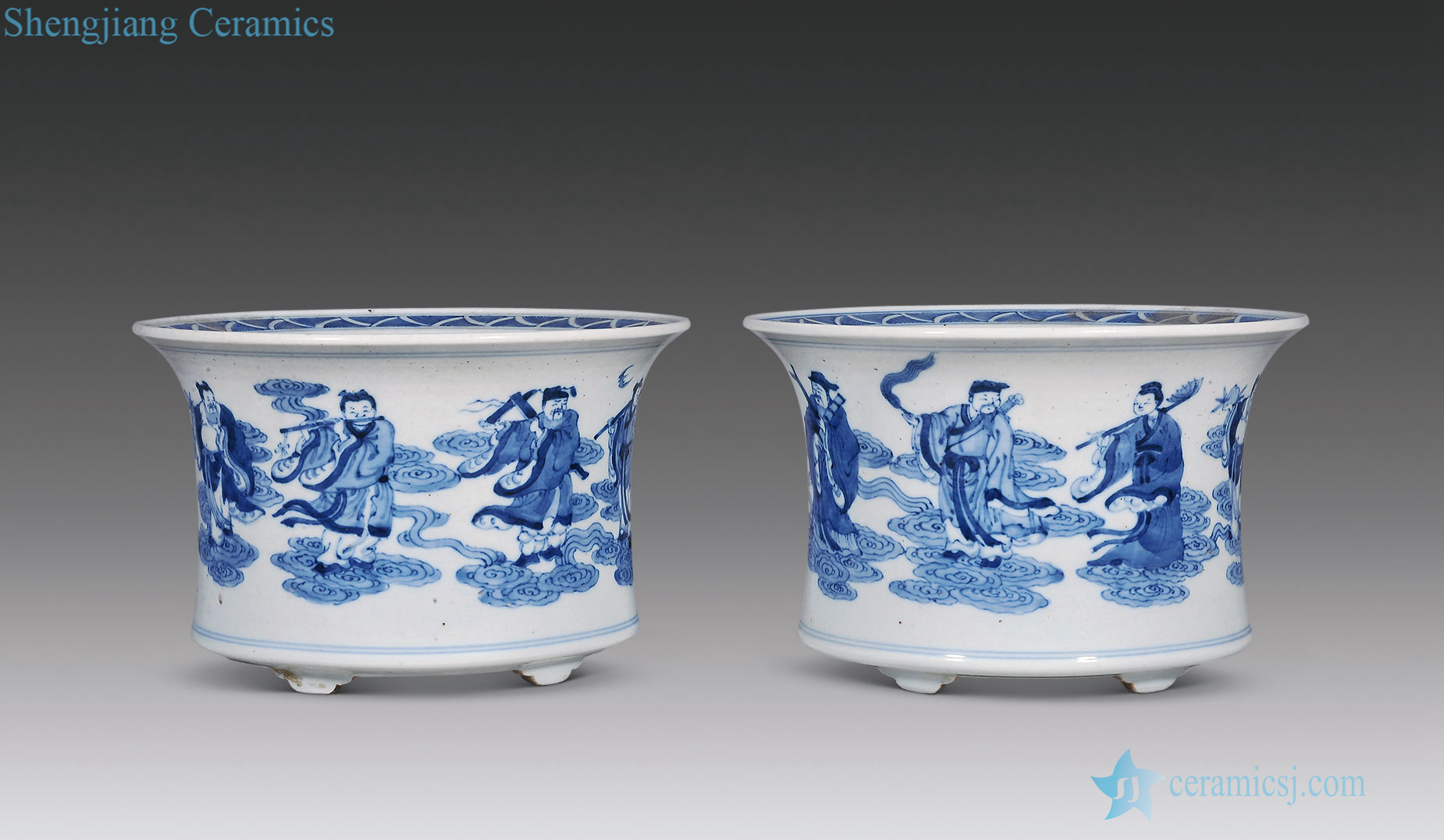 qing Blue and white the eight immortals figure flowerpot (a)